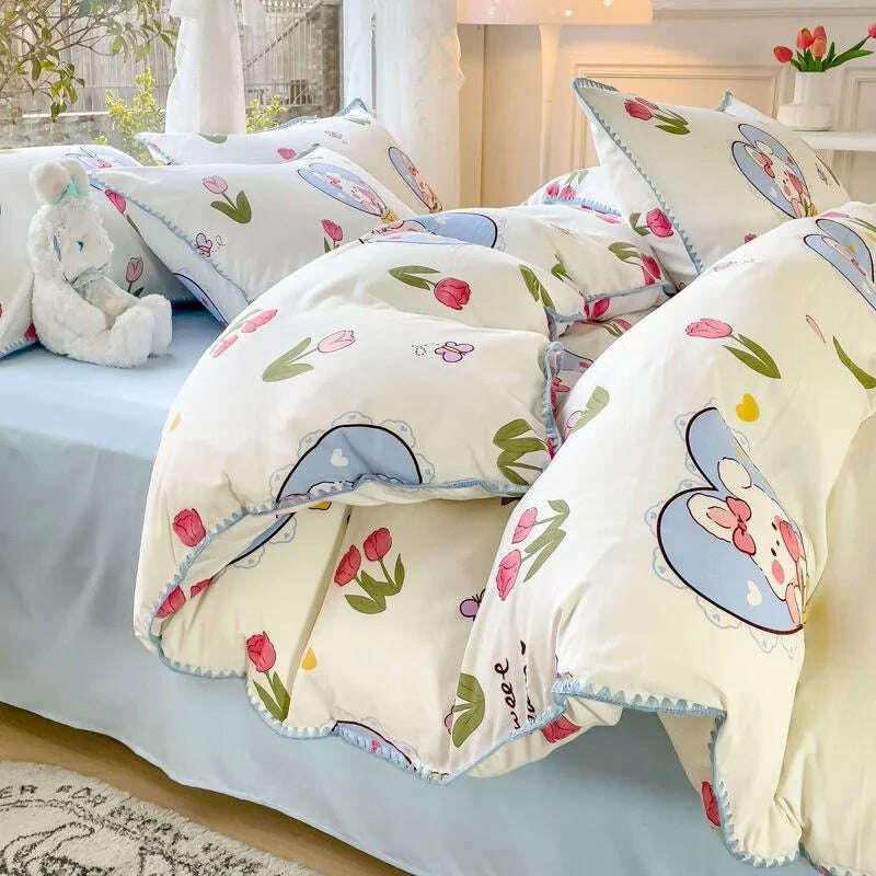 Pastoral Girls Flower Bedding Sets, Washed Cotton Bed Linens, Soft Quilt Cover Sheet Set, Simple Bedspread, Home Textiles - KIMLUD