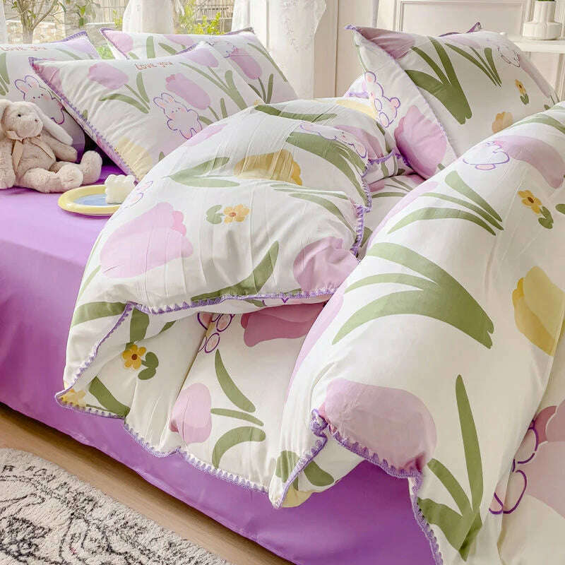 Pastoral Girls Flower Bedding Sets, Washed Cotton Bed Linens, Soft Quilt Cover Sheet Set, Simple Bedspread, Home Textiles - KIMLUD