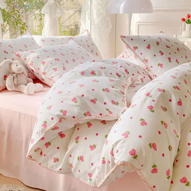 Pastoral Girls Flower Bedding Sets, Washed Cotton Bed Linens, Soft Quilt Cover Sheet Set, Simple Bedspread, Home Textiles - KIMLUD