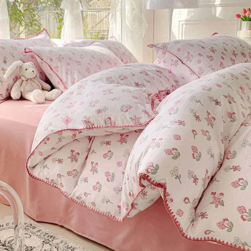 Pastoral Girls Flower Bedding Sets, Washed Cotton Bed Linens, Soft Quilt Cover Sheet Set, Simple Bedspread, Home Textiles - KIMLUD
