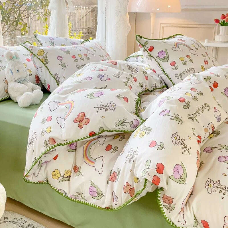 Pastoral Girls Flower Bedding Sets, Washed Cotton Bed Linens, Soft Quilt Cover Sheet Set, Simple Bedspread, Home Textiles - KIMLUD