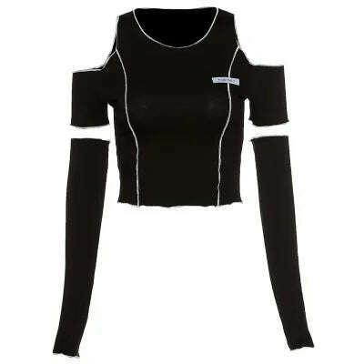 Patchwork Black T-shirts Gothic One Shoulder Sleeve Y2k Crop Tops Ruffles Hem Hip Hop Techwear Women Tees - KIMLUD