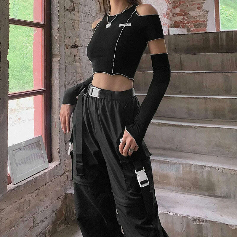 Patchwork Black T-shirts Gothic One Shoulder Sleeve Y2k Crop Tops Ruffles Hem Hip Hop Techwear Women Tees - KIMLUD