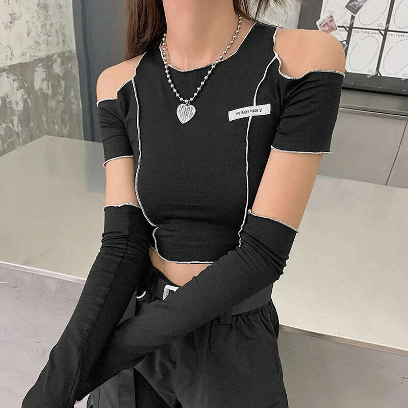 Patchwork Black T-shirts Gothic One Shoulder Sleeve Y2k Crop Tops Ruffles Hem Hip Hop Techwear Women Tees - KIMLUD
