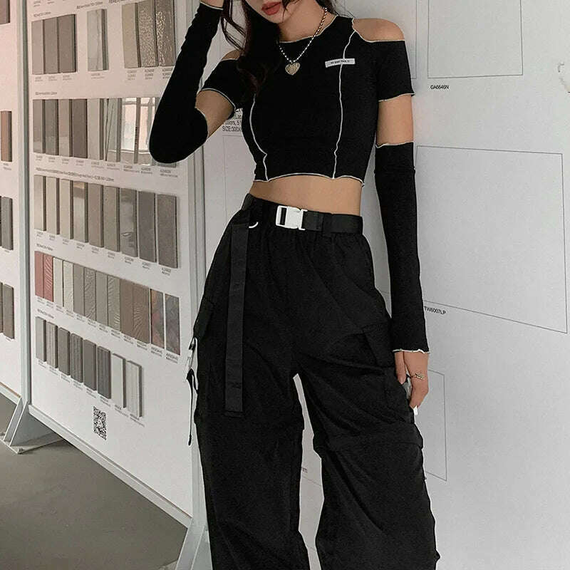 Patchwork Black T-shirts Gothic One Shoulder Sleeve Y2k Crop Tops Ruffles Hem Hip Hop Techwear Women Tees - KIMLUD