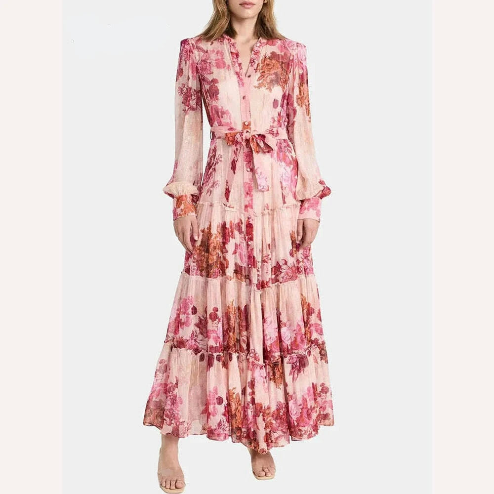 Patchwork Lace Up Floral Print Vintage Luxury Dresses for Women Round Neck Long Sleeve High Waist Spliced Button Elegant Dress - KIMLUD