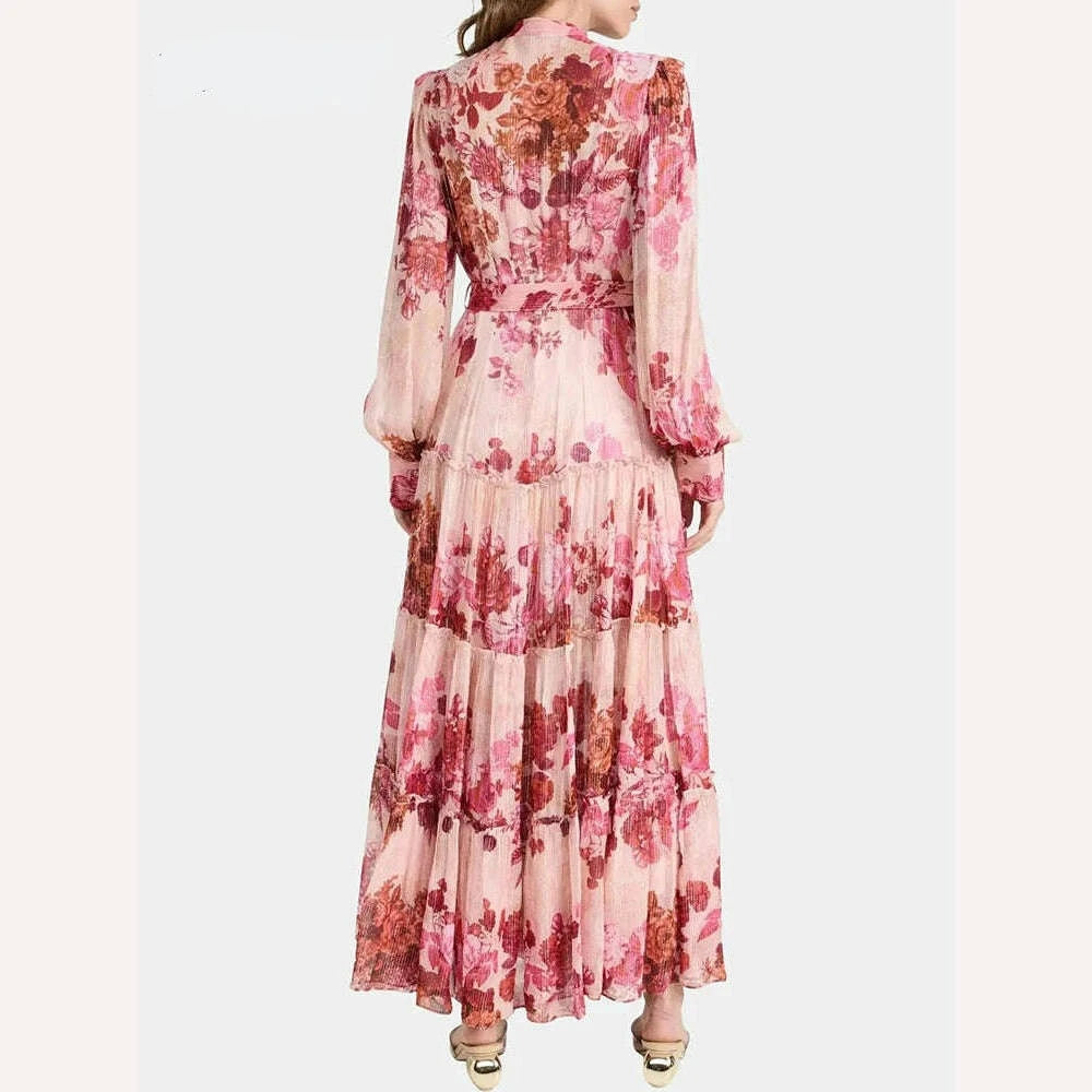 Patchwork Lace Up Floral Print Vintage Luxury Dresses for Women Round Neck Long Sleeve High Waist Spliced Button Elegant Dress - KIMLUD