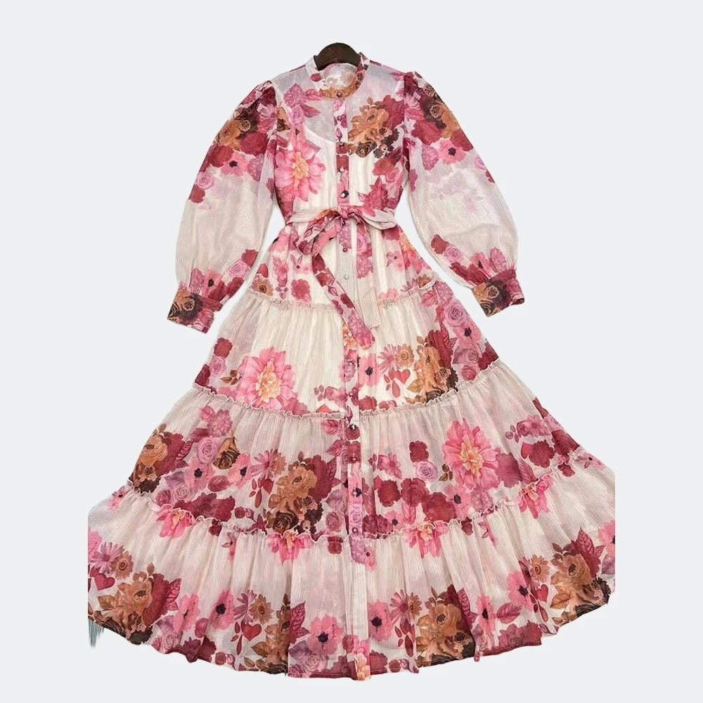 Patchwork Lace Up Floral Print Vintage Luxury Dresses for Women Round Neck Long Sleeve High Waist Spliced Button Elegant Dress - KIMLUD
