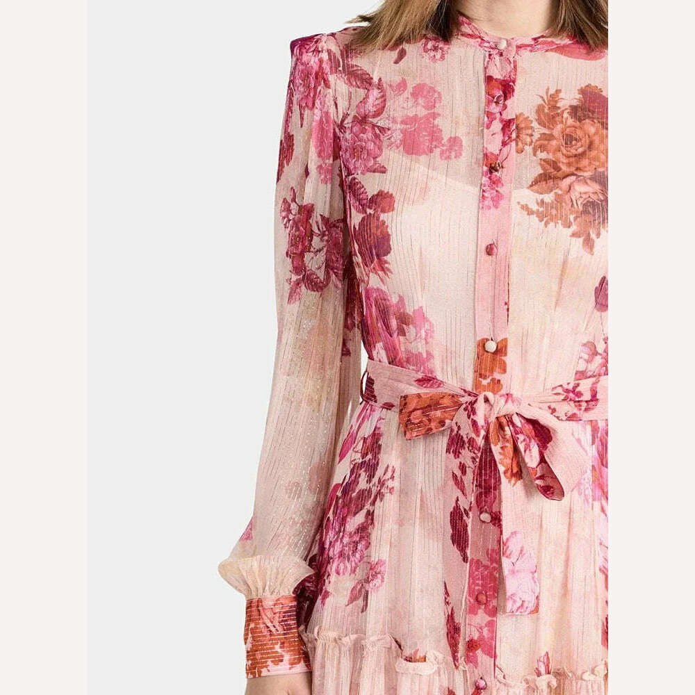 Patchwork Lace Up Floral Print Vintage Luxury Dresses for Women Round Neck Long Sleeve High Waist Spliced Button Elegant Dress - KIMLUD