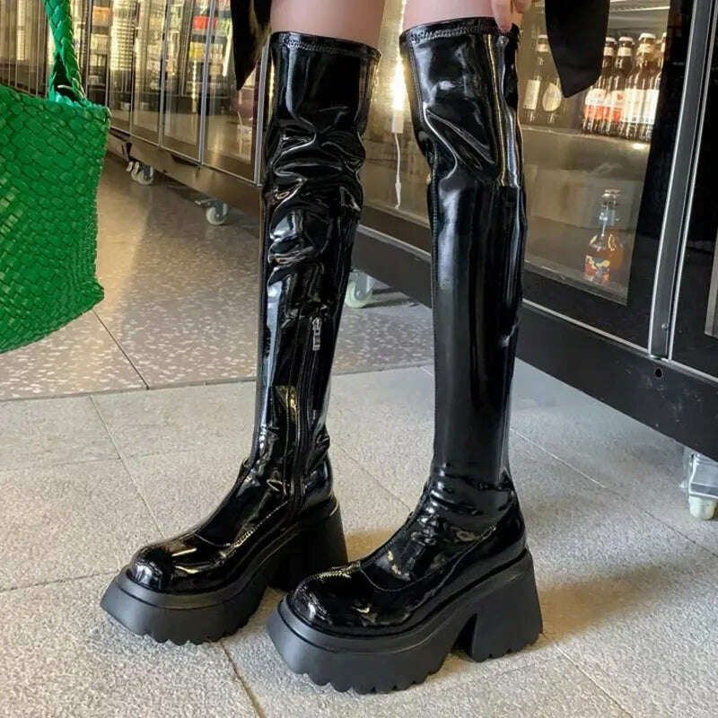 KIMLUD, Patent Leather Chunky Platform Long Boots Women 2022 Autumn Punk Thick Heels Shoes Woman Zipper Black Motorcycle Botas De Mujer, KIMLUD Women's Clothes
