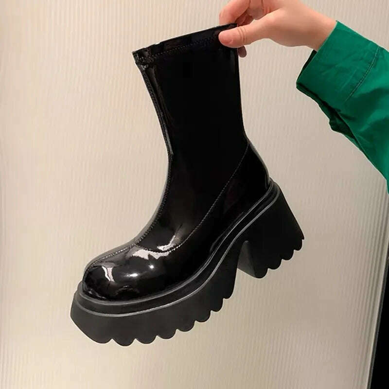 Patent Leather Chunky Platform Long Boots Women 2022 Autumn Punk Thick Heels Shoes Woman Zipper Black Motorcycle Botas De Mujer - KIMLUD
