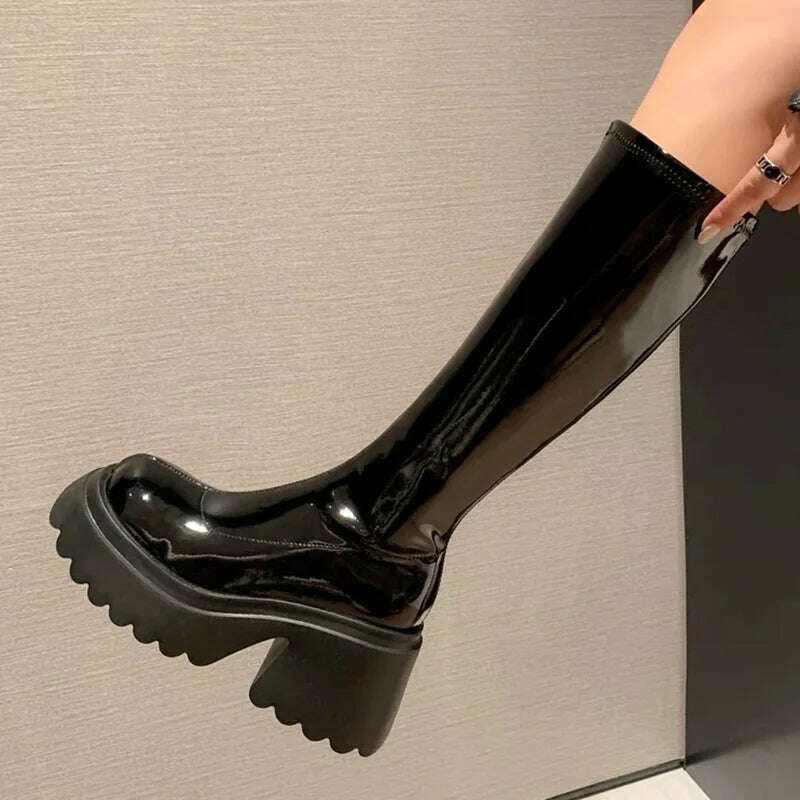 Patent Leather Chunky Platform Long Boots Women 2022 Autumn Punk Thick Heels Shoes Woman Zipper Black Motorcycle Botas De Mujer - KIMLUD