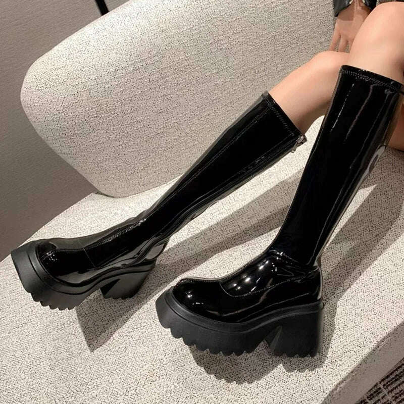 KIMLUD, Patent Leather Chunky Platform Long Boots Women 2022 Autumn Punk Thick Heels Shoes Woman Zipper Black Motorcycle Botas De Mujer, KIMLUD Womens Clothes