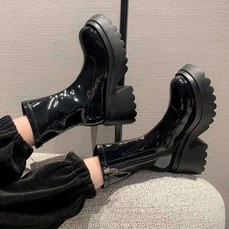 Patent Leather Chunky Platform Long Boots Women 2022 Autumn Punk Thick Heels Shoes Woman Zipper Black Motorcycle Botas De Mujer - KIMLUD