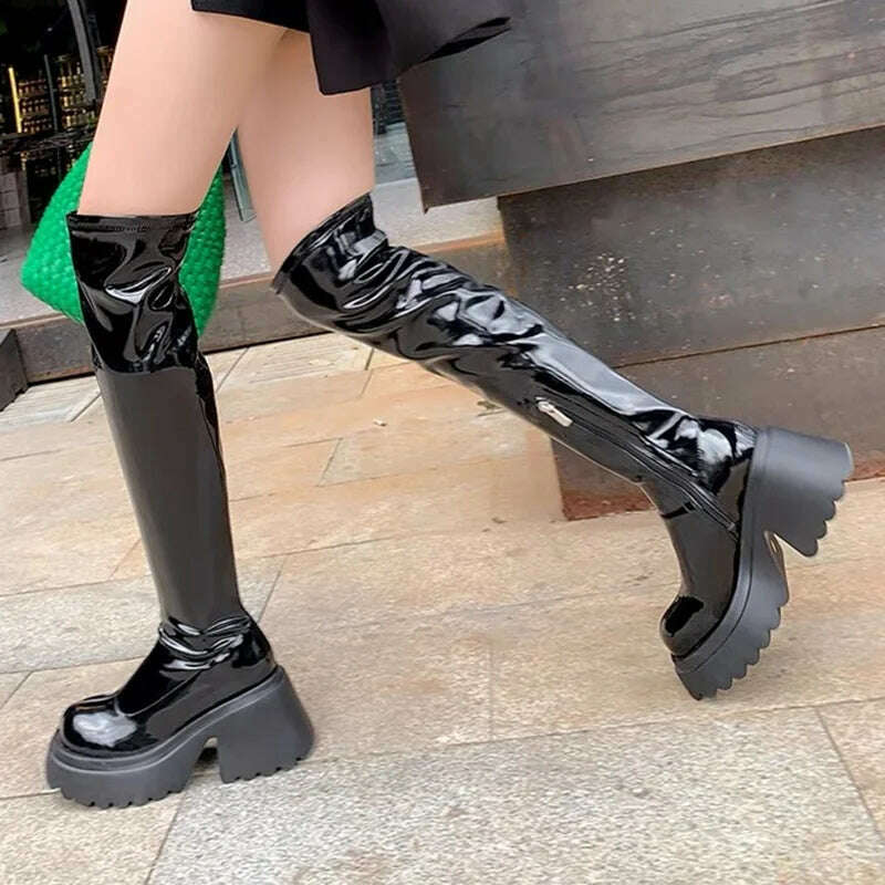 Patent Leather Chunky Platform Long Boots Women 2022 Autumn Punk Thick Heels Shoes Woman Zipper Black Motorcycle Botas De Mujer - KIMLUD