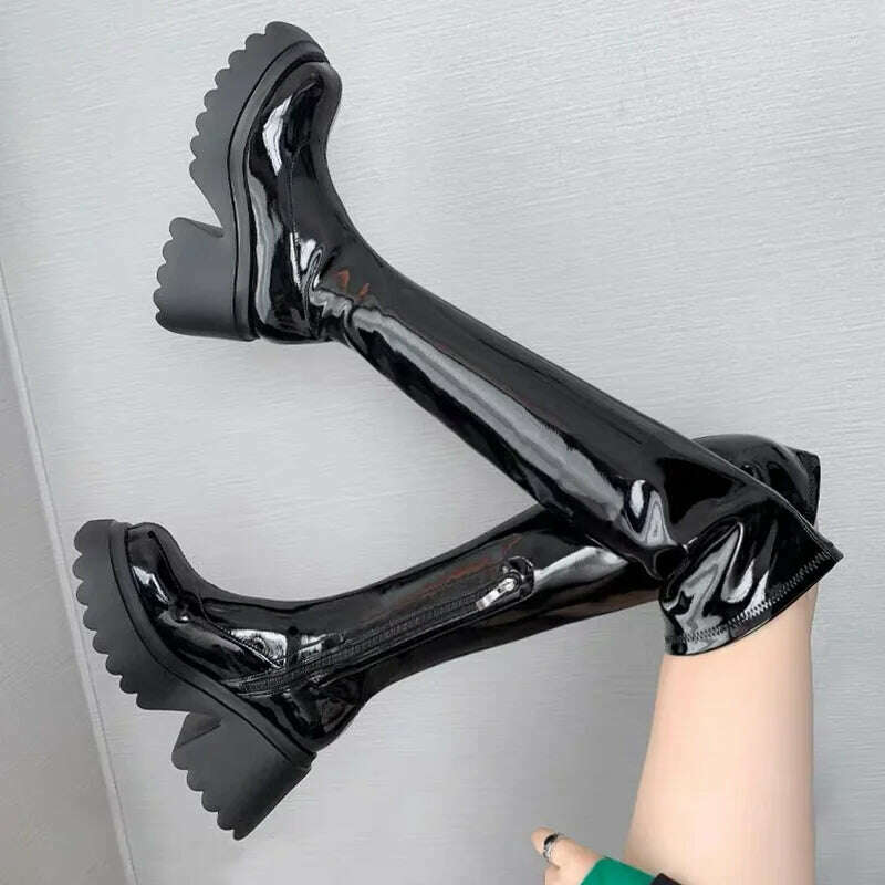 Patent Leather Chunky Platform Long Boots Women 2022 Autumn Punk Thick Heels Shoes Woman Zipper Black Motorcycle Botas De Mujer - KIMLUD