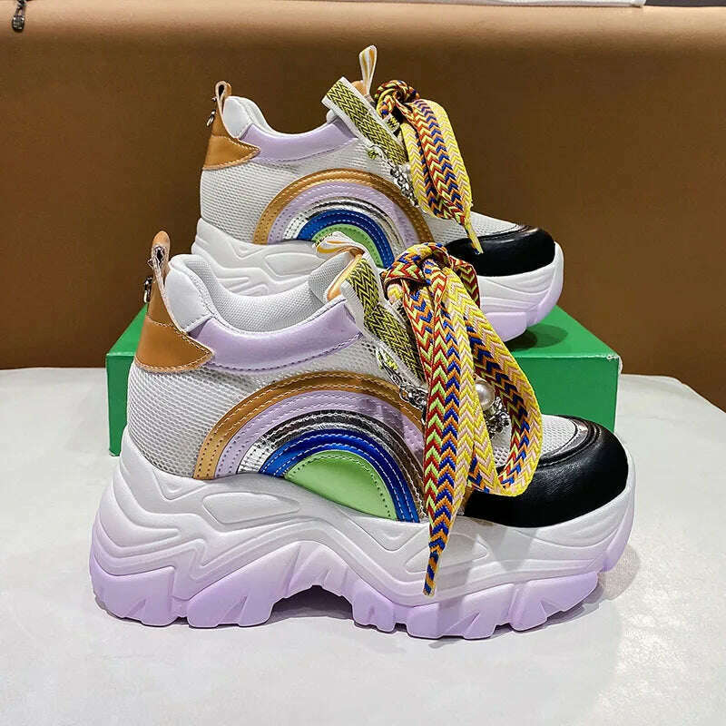 Patent Leather Ladies Casual Shoes Fashion String Bead Chain Girls Chunky Sneakers 8.5cm Heel Thick Sole Women&#39;s Platform Shoes - KIMLUD