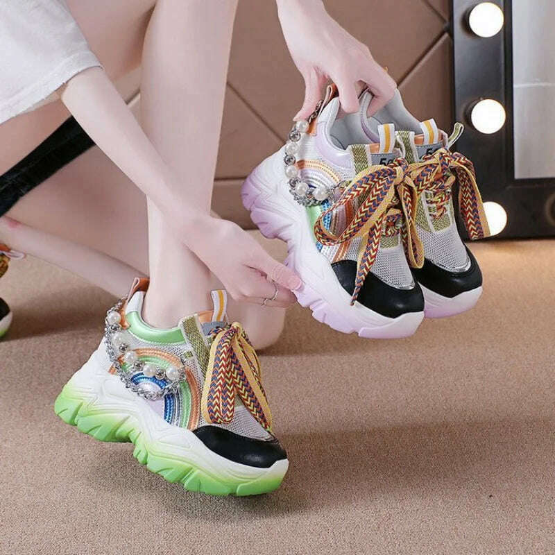 Patent Leather Ladies Casual Shoes Fashion String Bead Chain Girls Chunky Sneakers 8.5cm Heel Thick Sole Women&#39;s Platform Shoes - KIMLUD