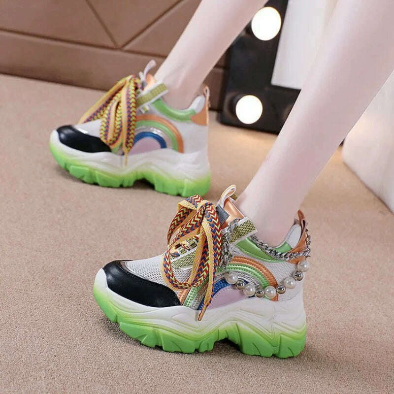 Patent Leather Ladies Casual Shoes Fashion String Bead Chain Girls Chunky Sneakers 8.5cm Heel Thick Sole Women&#39;s Platform Shoes - KIMLUD