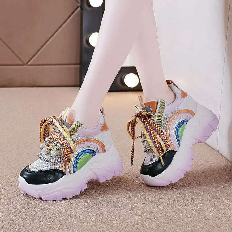 Patent Leather Ladies Casual Shoes Fashion String Bead Chain Girls Chunky Sneakers 8.5cm Heel Thick Sole Women&#39;s Platform Shoes - KIMLUD
