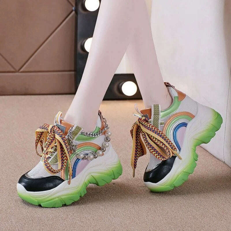 Patent Leather Ladies Casual Shoes Fashion String Bead Chain Girls Chunky Sneakers 8.5cm Heel Thick Sole Women&#39;s Platform Shoes - KIMLUD