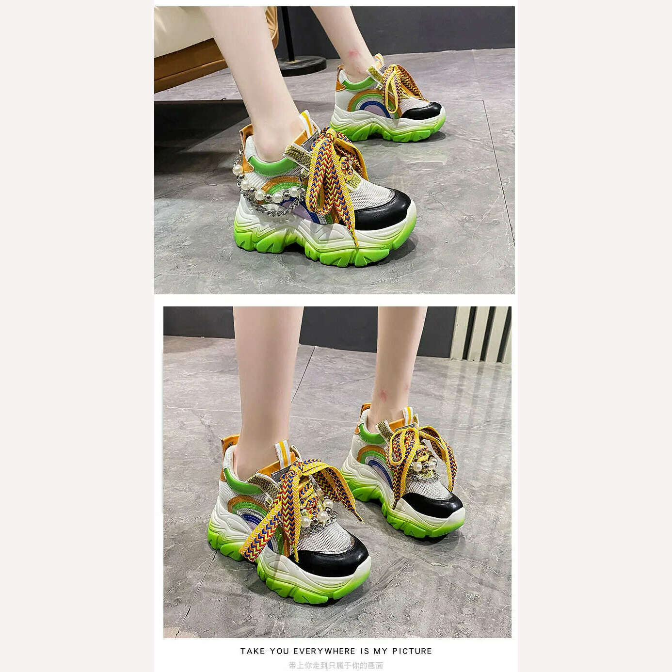 Patent Leather Ladies Casual Shoes Fashion String Bead Chain Girls Chunky Sneakers 8.5cm Heel Thick Sole Women&#39;s Platform Shoes, KIMLUD Women's Clothes