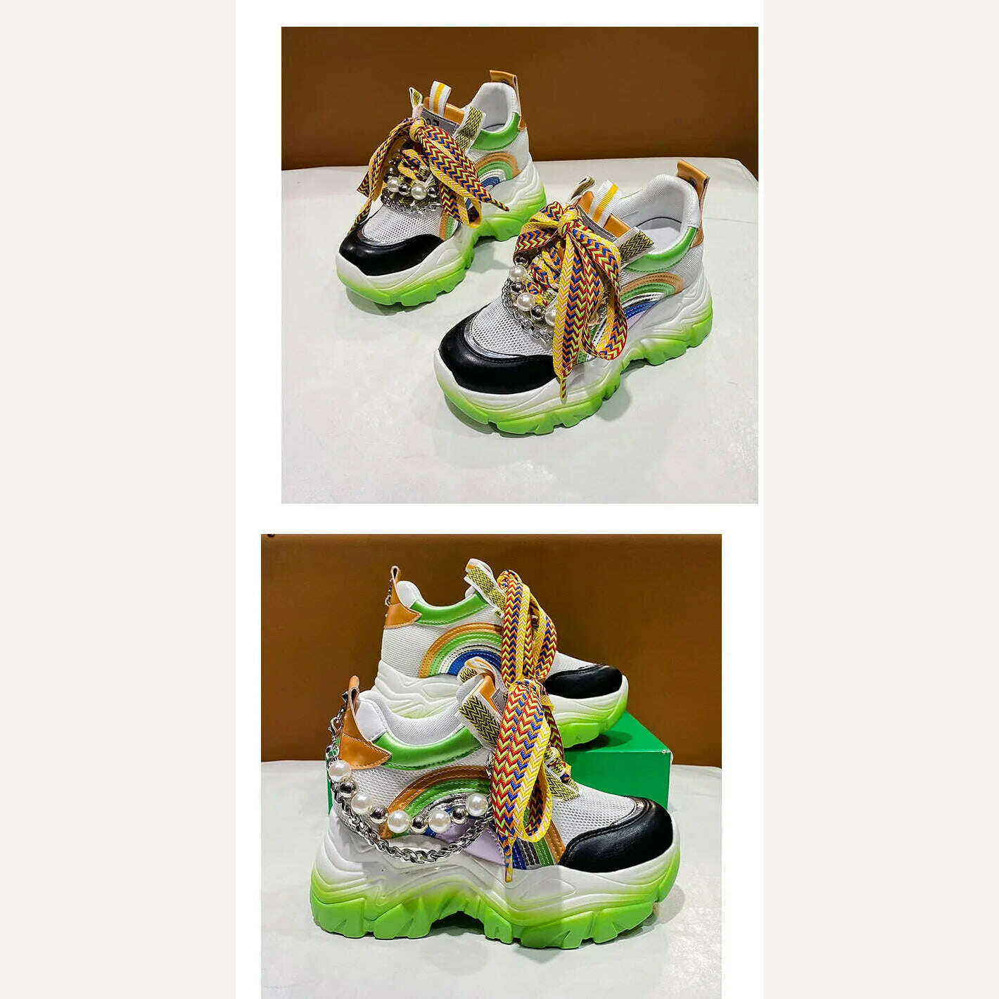 Patent Leather Ladies Casual Shoes Fashion String Bead Chain Girls Chunky Sneakers 8.5cm Heel Thick Sole Women&#39;s Platform Shoes - KIMLUD