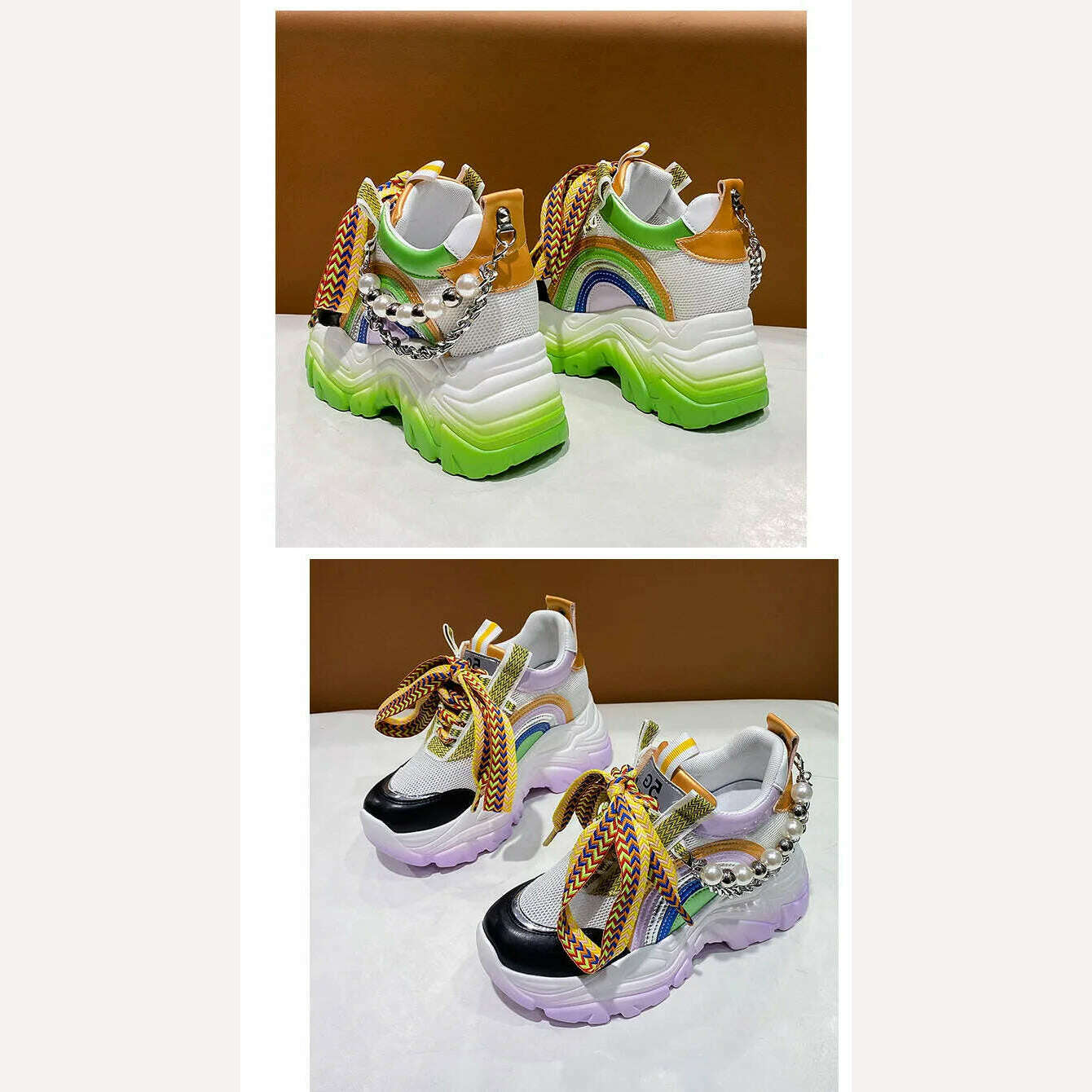 Patent Leather Ladies Casual Shoes Fashion String Bead Chain Girls Chunky Sneakers 8.5cm Heel Thick Sole Women&#39;s Platform Shoes - KIMLUD