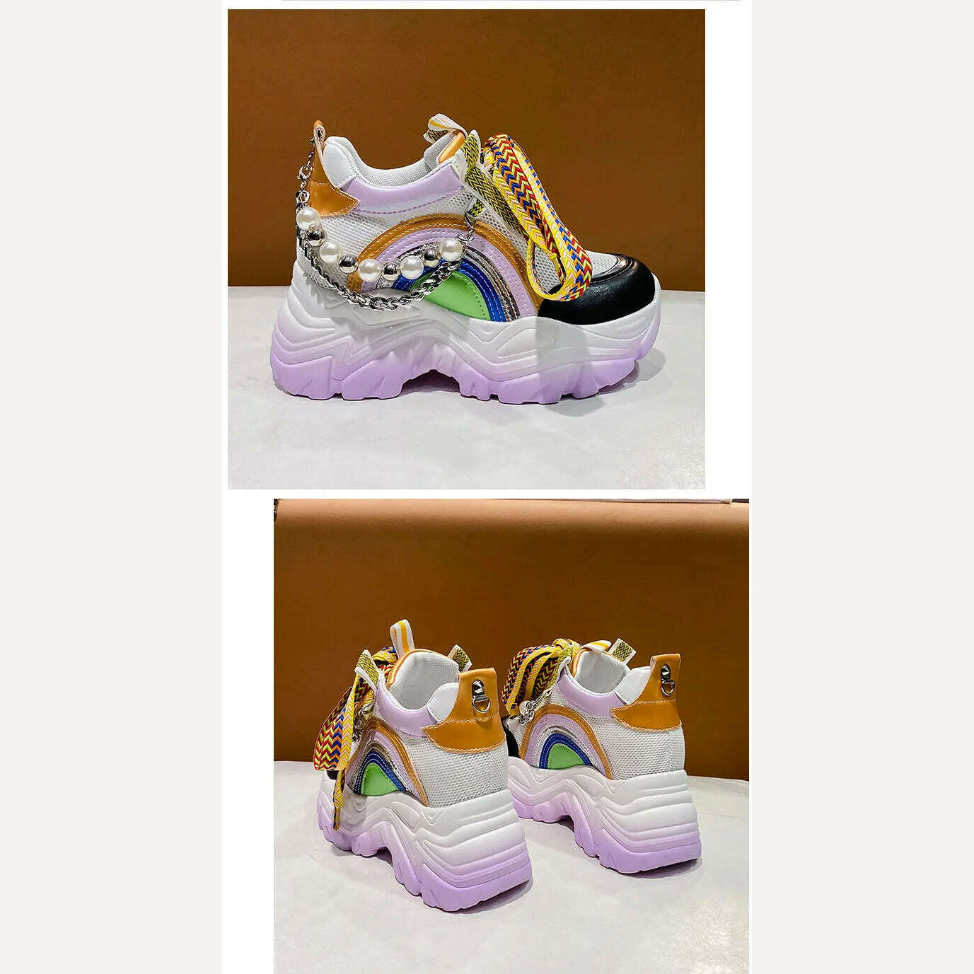 Patent Leather Ladies Casual Shoes Fashion String Bead Chain Girls Chunky Sneakers 8.5cm Heel Thick Sole Women&#39;s Platform Shoes - KIMLUD
