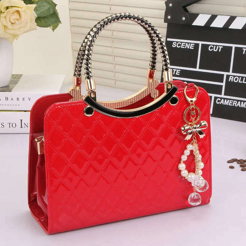 KIMLUD, Patent leather lattice Pearl pendant women's handbags European and American fashion designer shoulder bags hard women bag, red, KIMLUD Womens Clothes