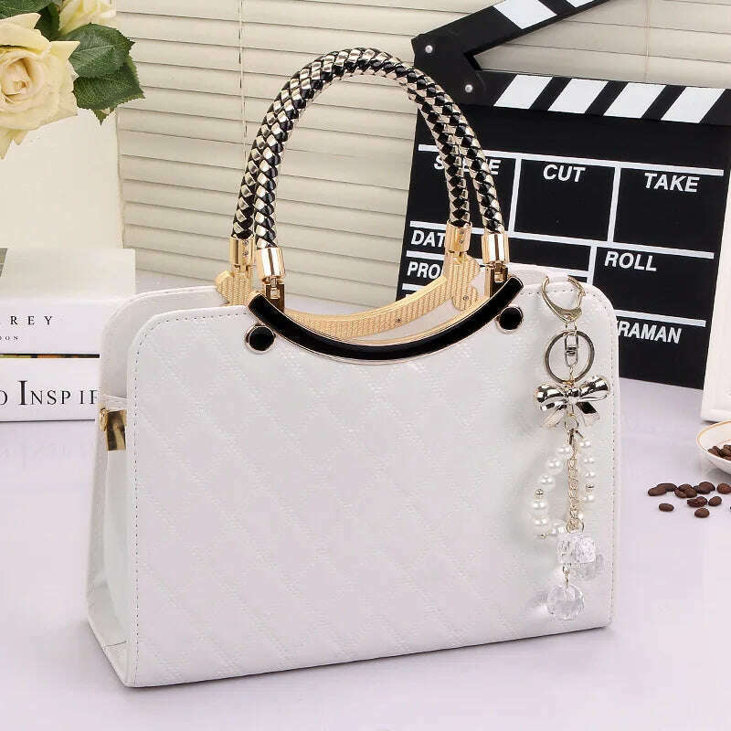 KIMLUD, Patent leather lattice Pearl pendant women's handbags European and American fashion designer shoulder bags hard women bag, white, KIMLUD Womens Clothes