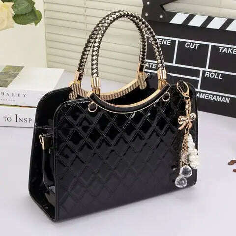 KIMLUD, Patent leather lattice Pearl pendant women's handbags European and American fashion designer shoulder bags hard women bag, black, KIMLUD APPAREL - Womens Clothes