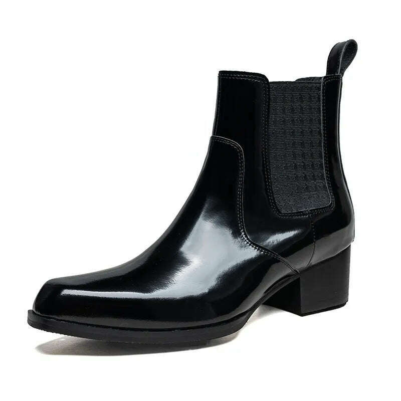 Patent Leather Mens Boots with Heels Luxury Genuine Leather 2023 Winter Quality Warm Slip on Ankle Shoes for Male 5 Cm Height - KIMLUD