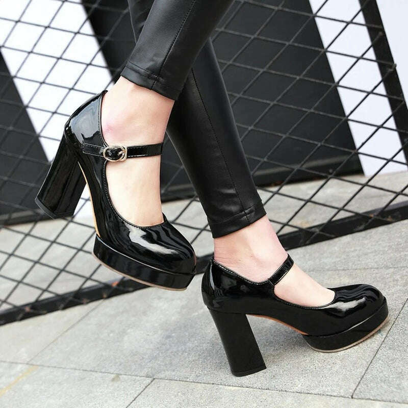 KIMLUD, Patent Leather Solid Color Super High Heels Buckle Strap Sandals Office Lady Style Round Toe Chunky Platform Women Outdoor Pumps, KIMLUD Womens Clothes