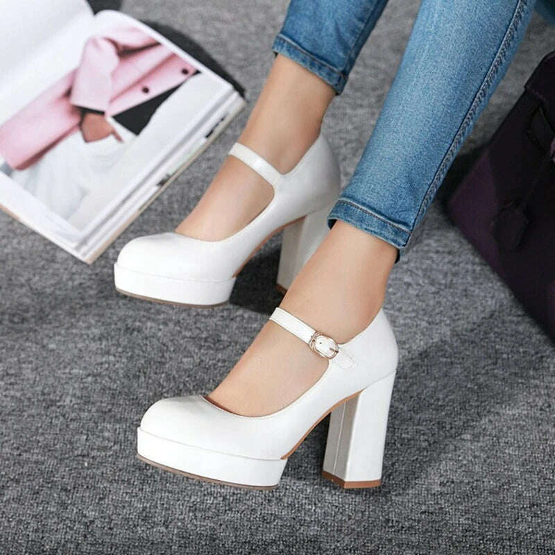 KIMLUD, Patent Leather Solid Color Super High Heels Buckle Strap Sandals Office Lady Style Round Toe Chunky Platform Women Outdoor Pumps, KIMLUD Womens Clothes