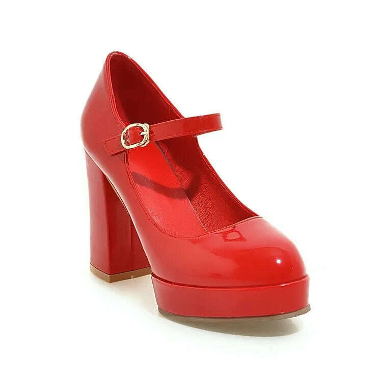 KIMLUD, Patent Leather Solid Color Super High Heels Buckle Strap Sandals Office Lady Style Round Toe Chunky Platform Women Outdoor Pumps, Red / 34 / CHINA, KIMLUD Womens Clothes