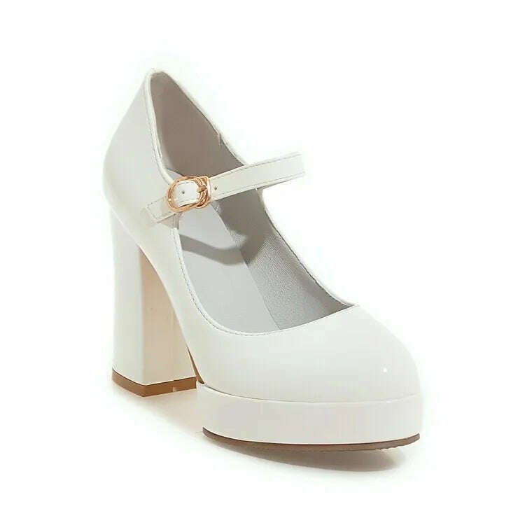 KIMLUD, Patent Leather Solid Color Super High Heels Buckle Strap Sandals Office Lady Style Round Toe Chunky Platform Women Outdoor Pumps, WHITE / 34 / CHINA, KIMLUD APPAREL - Womens Clothes