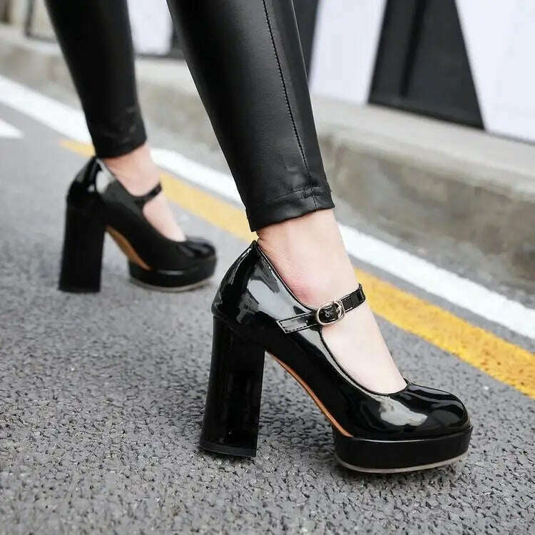 KIMLUD, Patent Leather Solid Color Super High Heels Buckle Strap Sandals Office Lady Style Round Toe Chunky Platform Women Outdoor Pumps, KIMLUD Womens Clothes