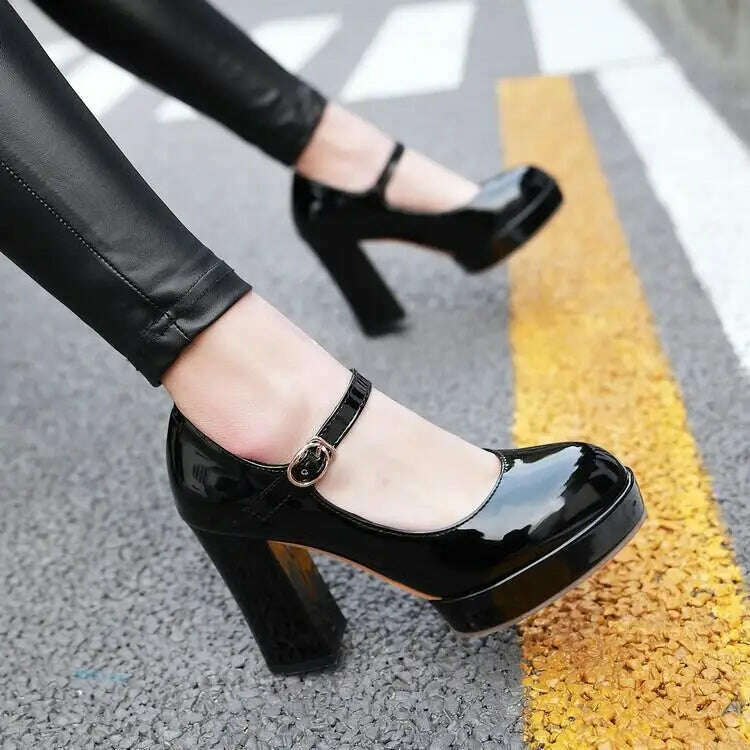 KIMLUD, Patent Leather Solid Color Super High Heels Buckle Strap Sandals Office Lady Style Round Toe Chunky Platform Women Outdoor Pumps, KIMLUD Womens Clothes
