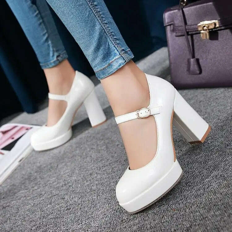 KIMLUD, Patent Leather Solid Color Super High Heels Buckle Strap Sandals Office Lady Style Round Toe Chunky Platform Women Outdoor Pumps, KIMLUD Womens Clothes