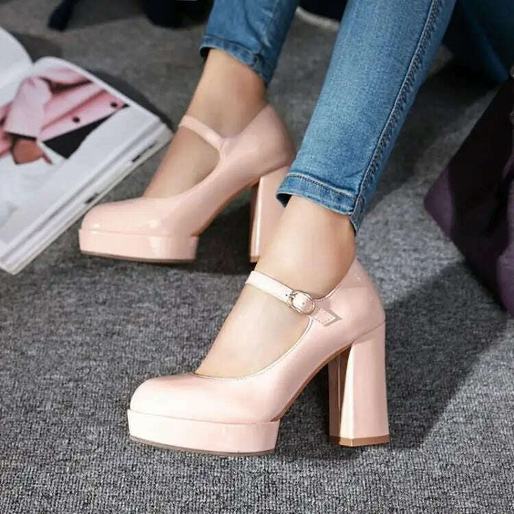 KIMLUD, Patent Leather Solid Color Super High Heels Buckle Strap Sandals Office Lady Style Round Toe Chunky Platform Women Outdoor Pumps, KIMLUD Womens Clothes