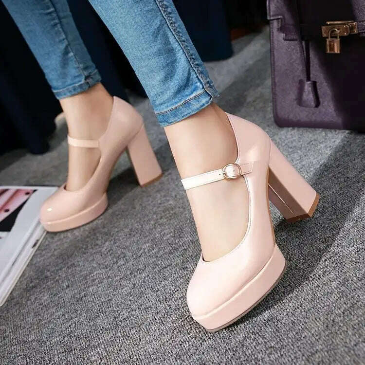 KIMLUD, Patent Leather Solid Color Super High Heels Buckle Strap Sandals Office Lady Style Round Toe Chunky Platform Women Outdoor Pumps, KIMLUD Womens Clothes