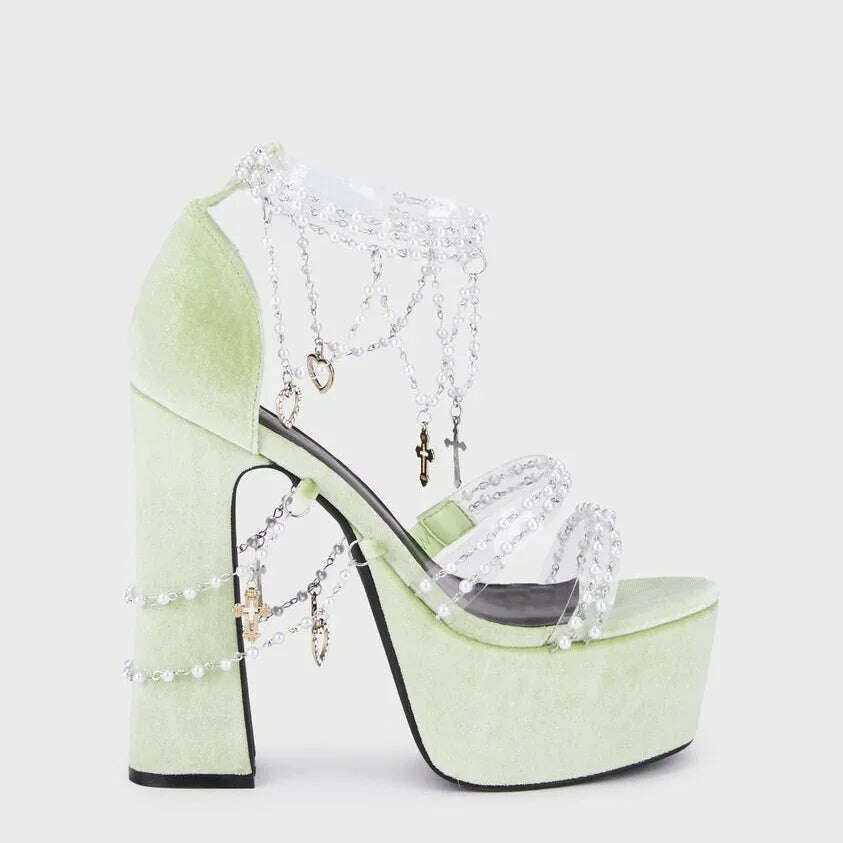 Pearl Chain Crystal Sandals Open Toe Platform Chunky High Heels Solid Sexy Style Sandals Hook And Loop Summer Party Dress Shoes - KIMLUD