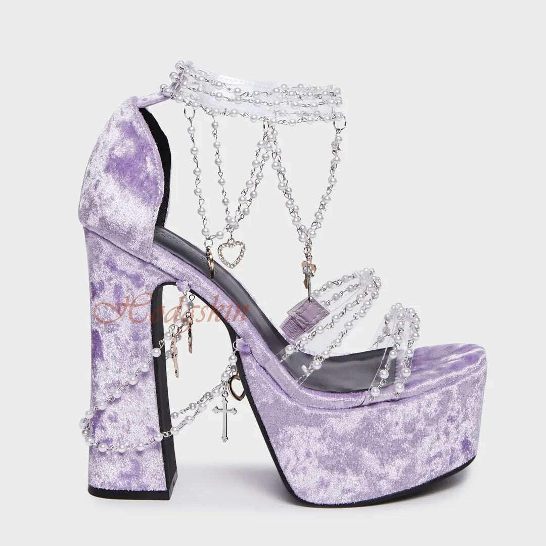 Pearl Chain Crystal Sandals Open Toe Platform Chunky High Heels Solid Sexy Style Sandals Hook And Loop Summer Party Dress Shoes - KIMLUD