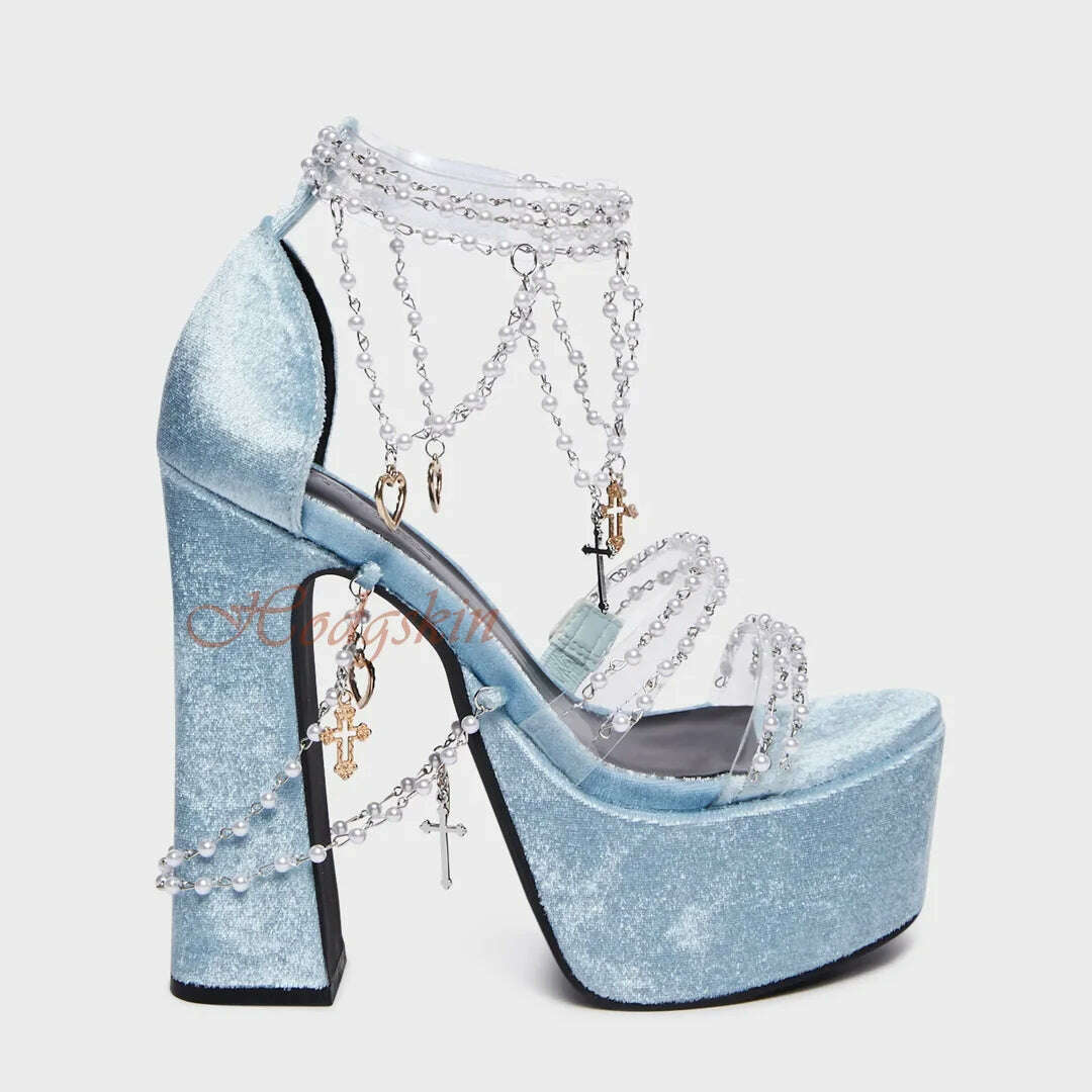 Pearl Chain Crystal Sandals Open Toe Platform Chunky High Heels Solid Sexy Style Sandals Hook And Loop Summer Party Dress Shoes - KIMLUD