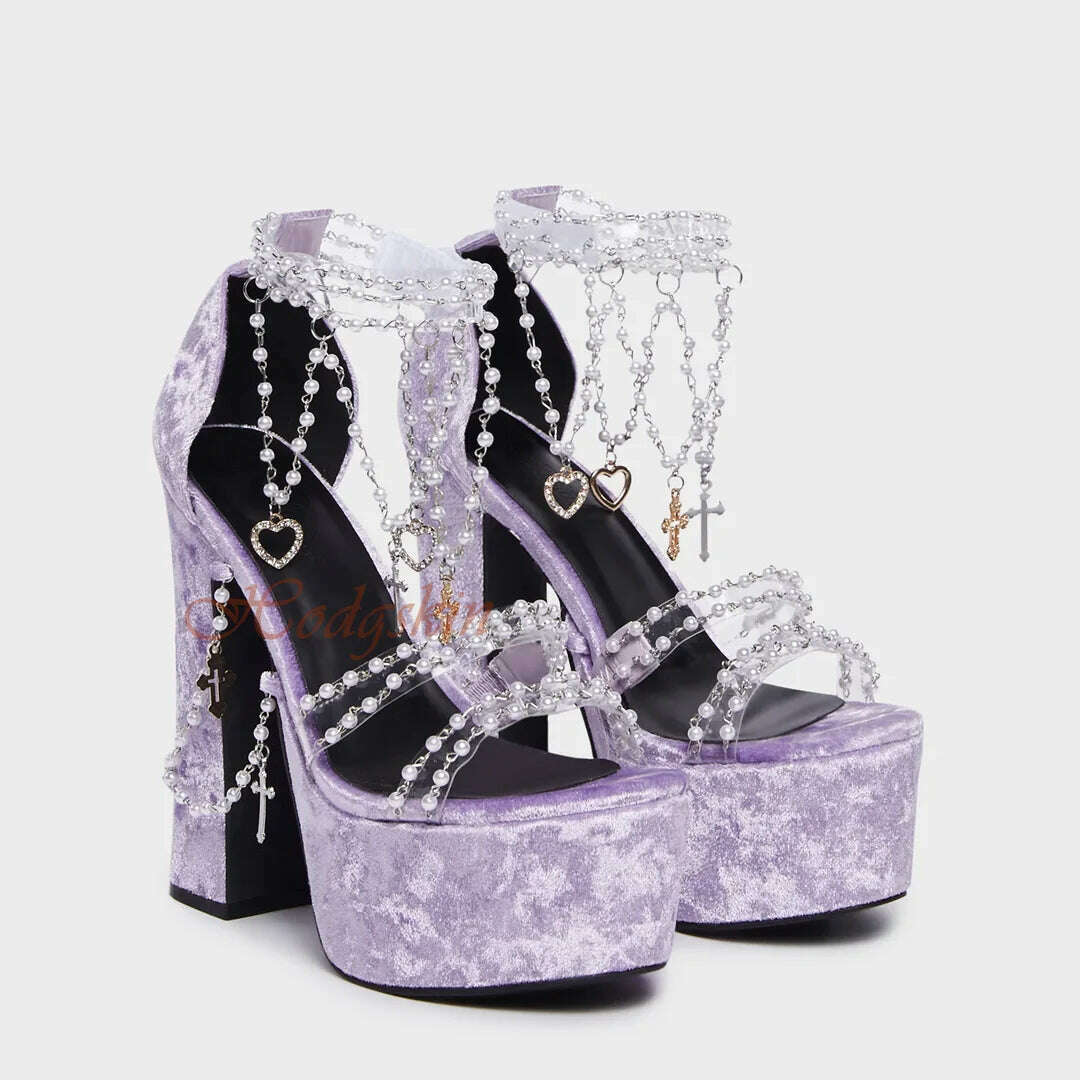 Pearl Chain Crystal Sandals Open Toe Platform Chunky High Heels Solid Sexy Style Sandals Hook And Loop Summer Party Dress Shoes - KIMLUD