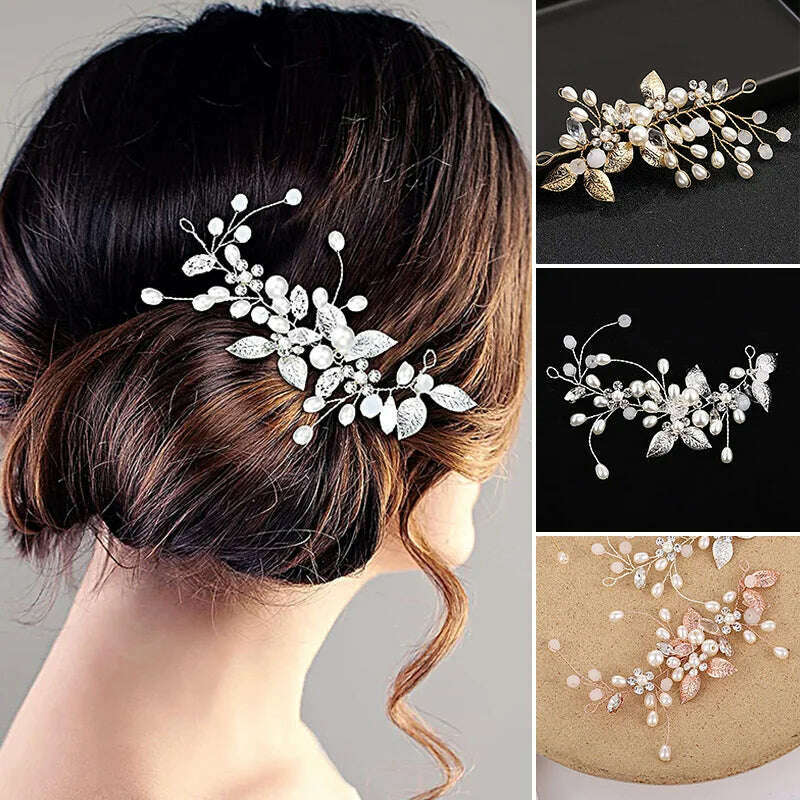 KIMLUD, Pearl Crystal Wedding Hair Combs Tiara For Bride Rhinestone Flower Hairpins Bridal Headpiece Jewelry Hair Ornaments Accessories, KIMLUD Womens Clothes