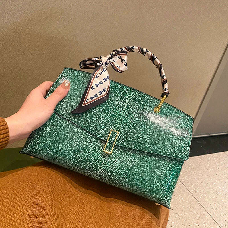KIMLUD, Pearl Fish Leather Pattern Women Handbags Luxury Fashion Lady Shell Bag Cowhide Shoulder Messenger Bag Portable Women&#39;s Tote Bag, Green, KIMLUD APPAREL - Womens Clothes