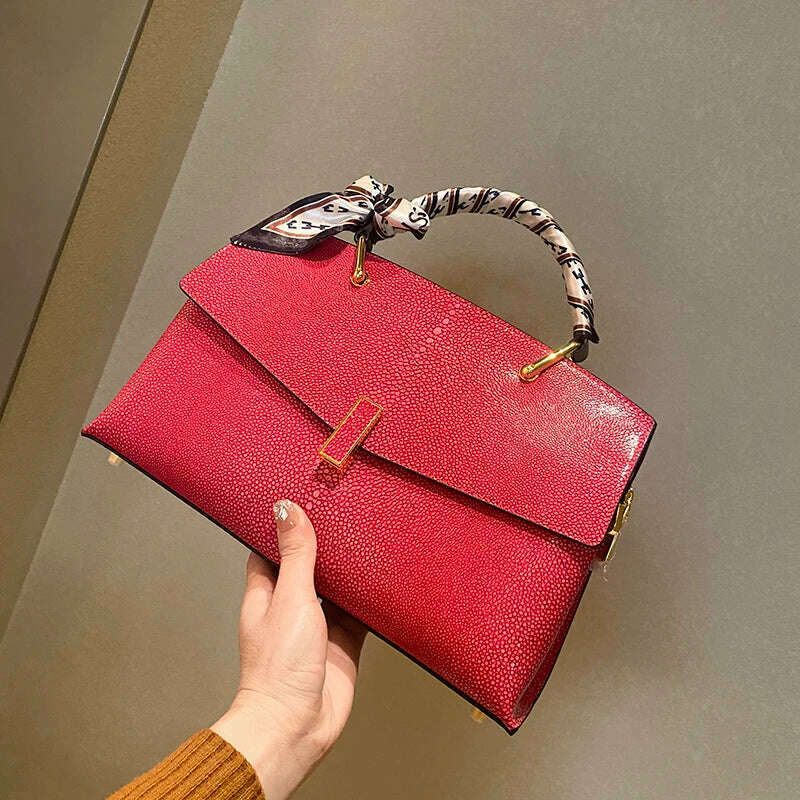KIMLUD, Pearl Fish Leather Pattern Women Handbags Luxury Fashion Lady Shell Bag Cowhide Shoulder Messenger Bag Portable Women&#39;s Tote Bag, Rose Pink, KIMLUD APPAREL - Womens Clothes