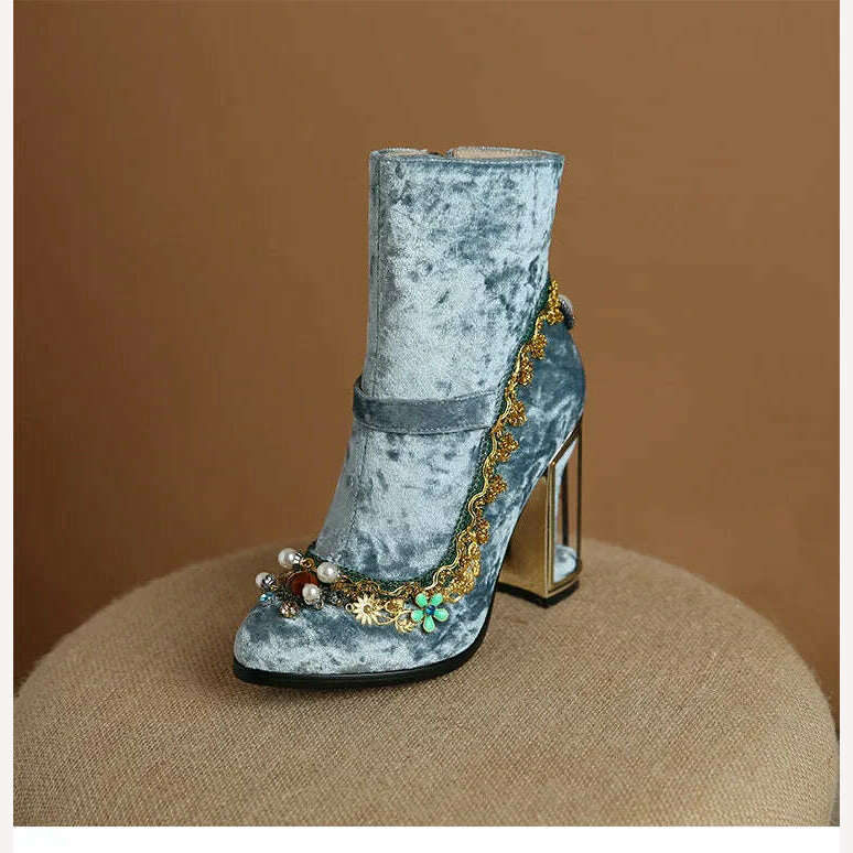 KIMLUD, Pearl/Rhinestone Satins Short Boots Waterproof Platform Diamond Decoration Chelsea Short Boots Large 34-43 High Heel Women Shoes, C-MY801blue / 34, KIMLUD Women's Clothes